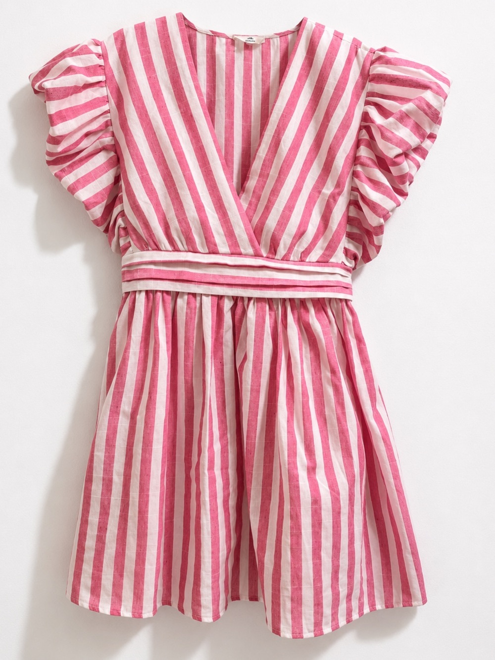 Entro Pink White Vertical Striped Mini Dress Flutter Sleeve /Pockets Boho Large